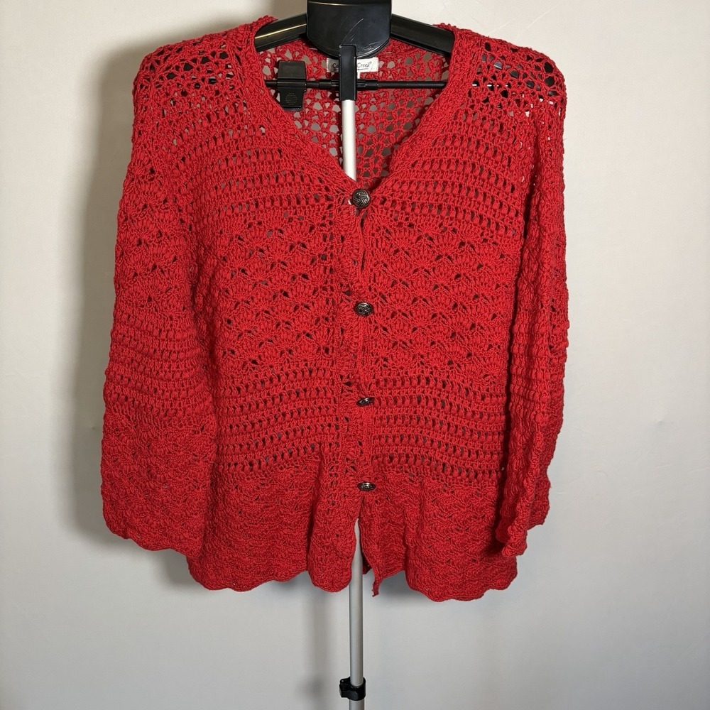 VTG 1X Red Crochet Open Knit 3/4 Sleeve Cottage Cardigan Button Grandma 90s Y2K